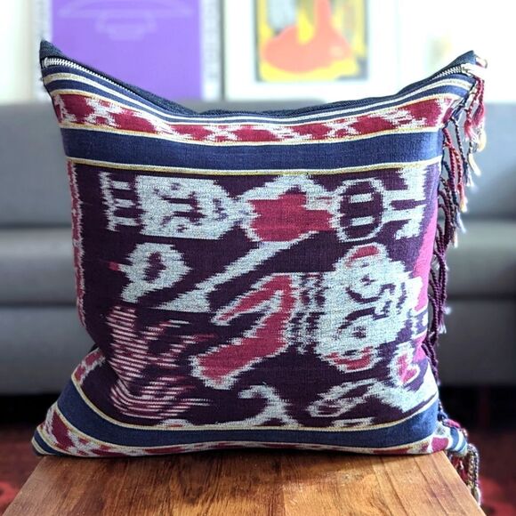 Linen & Denim Ikat Fringe Throw Pillow V1 - Picture 3 of 8